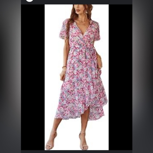 GRACEASY DRESS PINK WHITE FLORAL PRINT FIT FLAIR WRAP SUMMER DRESS SIZE XL NET - Picture 7 of 14